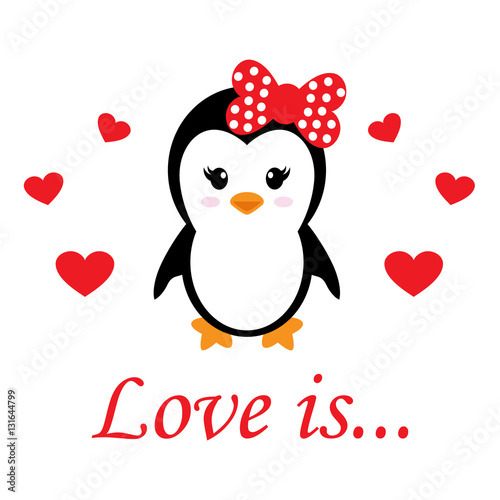 cute penguin girl with heart vector and text