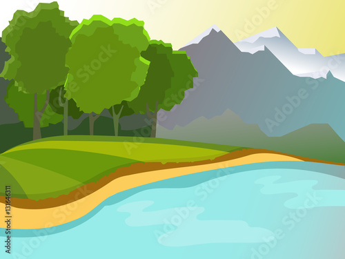 Summer landscape. Landscape on the background of the pond  the mountains and forests.