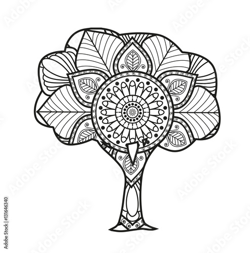 Vector illustration of a black and white mandala tree for coloring book, albero mandala in bianco e nero vettoriale