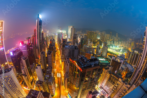 Fisheye aerial view of Hong Kong skyscrapers and skyline , from in Wan Chai metropolitan area, Hong Kong.