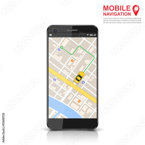 Mobile GPS navigation concept, Smartphone with city map application. Vector