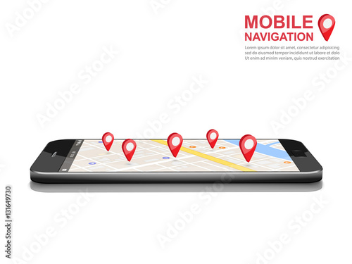 Mobile GPS navigation concept, Smartphone with city map application. Vector