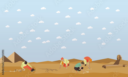 Excavation concept vector illustration, Egyptian pyramids and statue of Sphinx