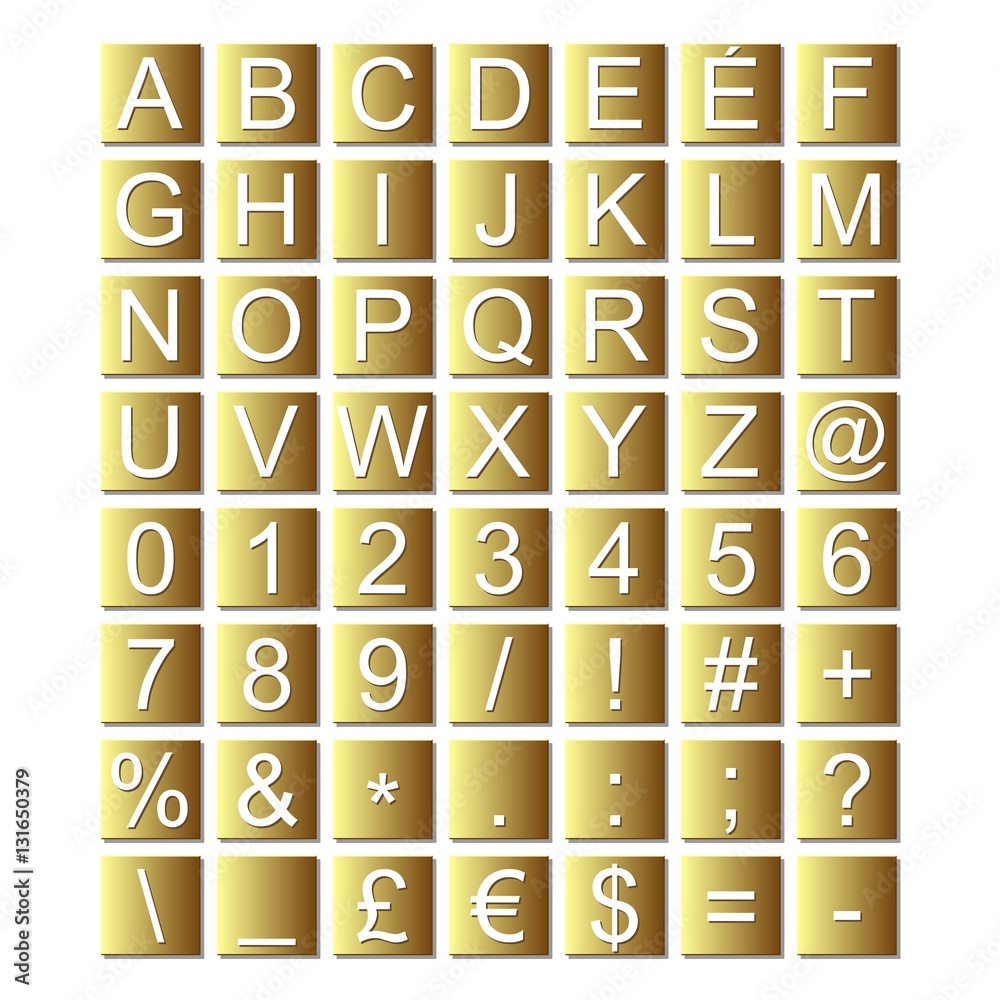 Police de caractères. Lettres alphabet sur plaque or 