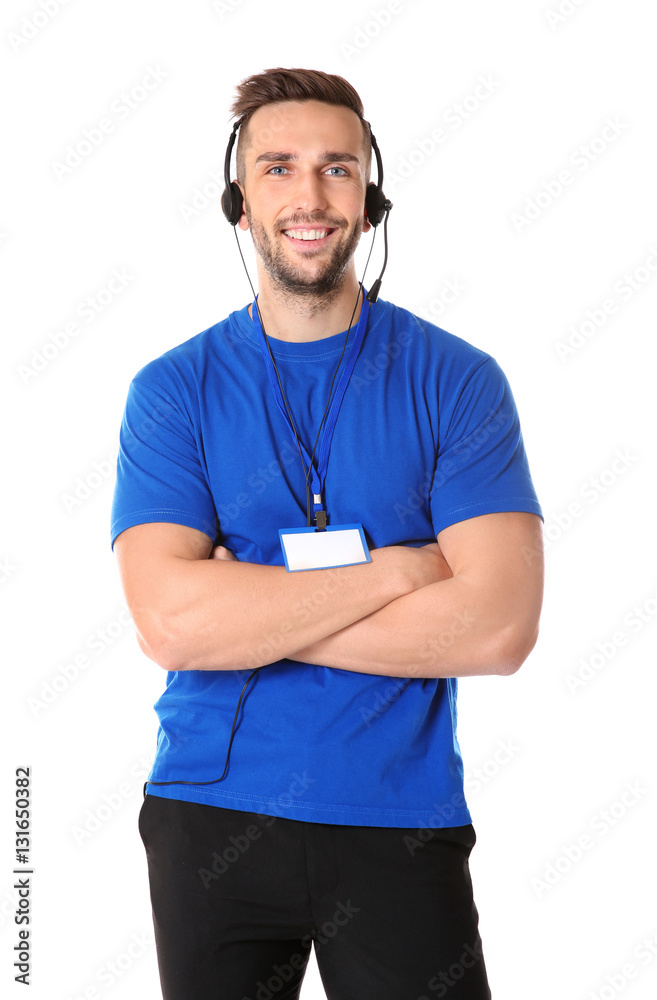 Young male technical support dispatcher on white background StockFoto