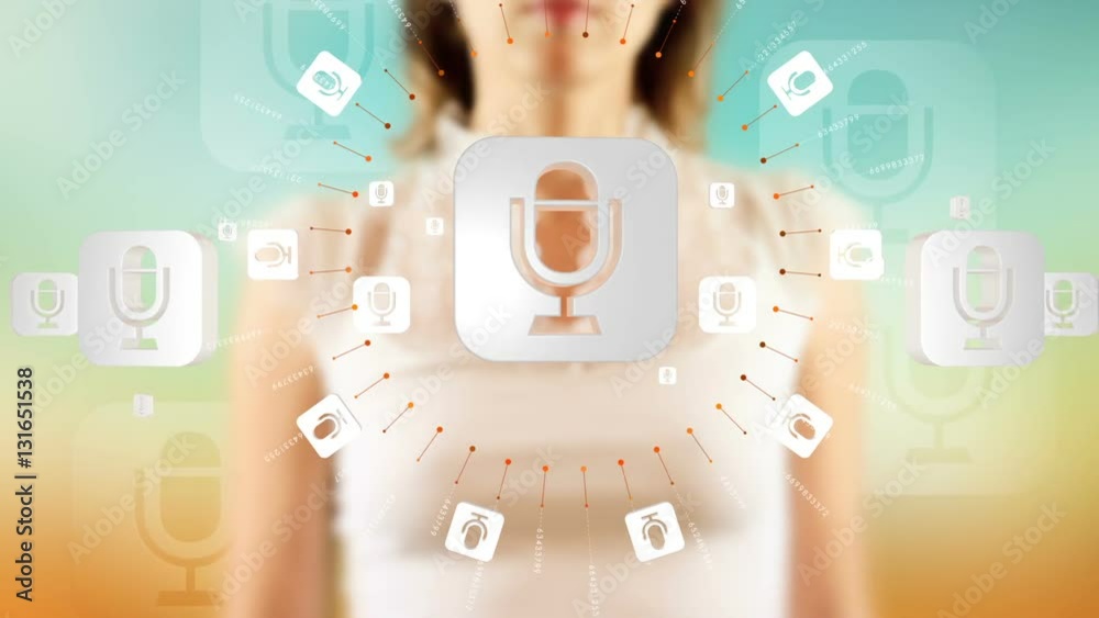 Young female pressing the screen then microphone symbol appearing. Futuristic touch screen concept.