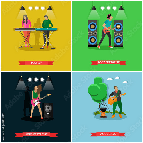 Vector set of banners with musicians playing guitar and piano