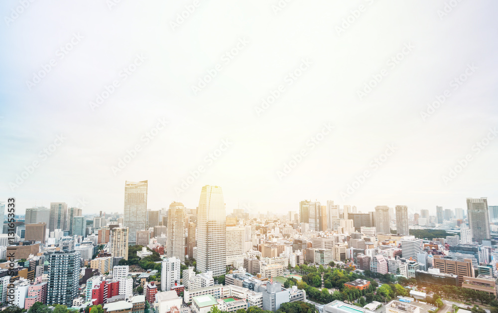 Business and culture concept - panoramic modern city skyline bird eye aerial view from tokyo tower under dramatic sunrise and morning blue sky in Tokyo, Japan