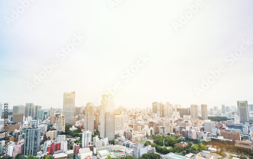 Business and culture concept - panoramic modern city skyline bird eye aerial view from tokyo tower under dramatic sunrise and morning blue sky in Tokyo  Japan