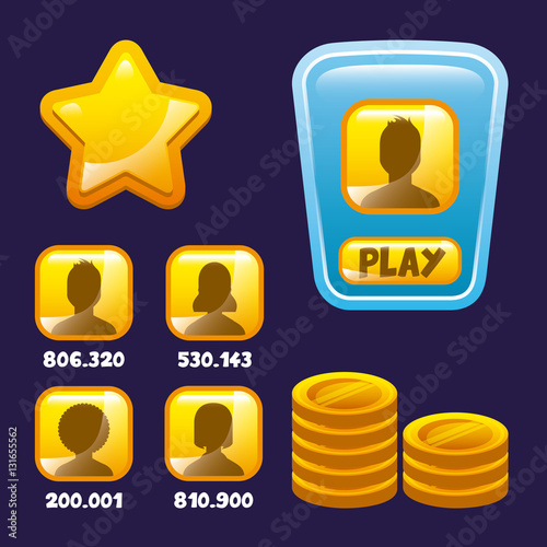 video game interface with stars, users and gold coins icon. colorful design. vector illustration