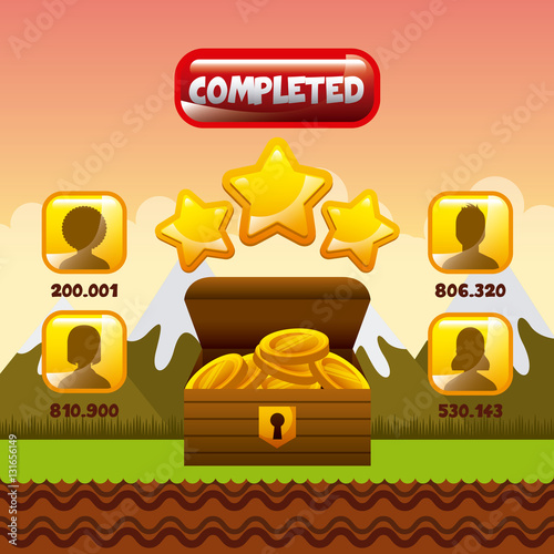 video game interface with users, stars and  box with gold coins icon. colorful design. vector illustration