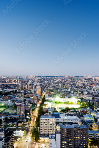 Business and culture concept for real estate and corporate construction - panoramic modern city skyline bird eye aerial night view under dramatic neon glow and beautiful dark blue sky in Tokyo, Japan © voyata