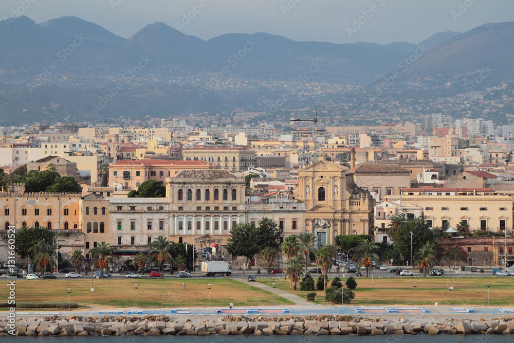 Square on embankment and city. Palermo, Italy