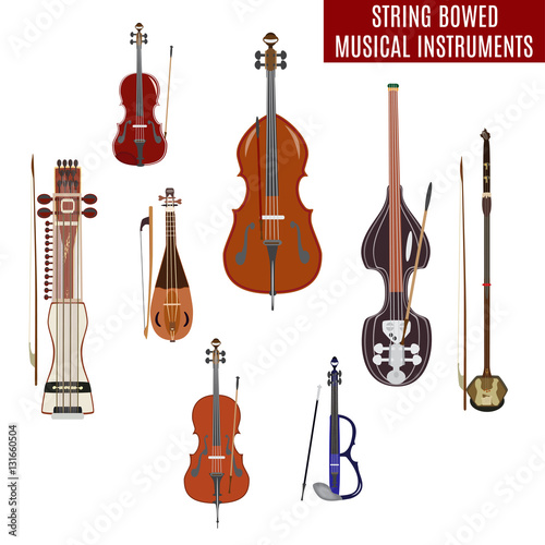 Vector set of string bowed musical instruments isolated on white background