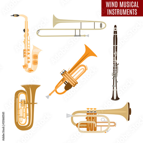 Vector set of wind musical instruments isolated on white background