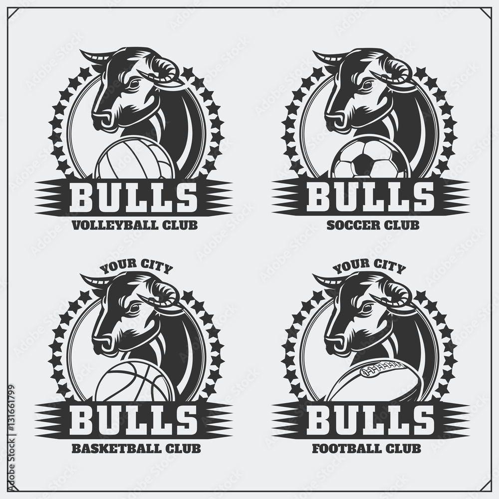 Volleyball, baseball, soccer and football logos and labels. Sport club emblems with bull.