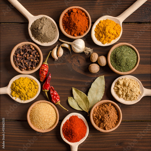 Various spices in bowls and mixing spoons  - Top view