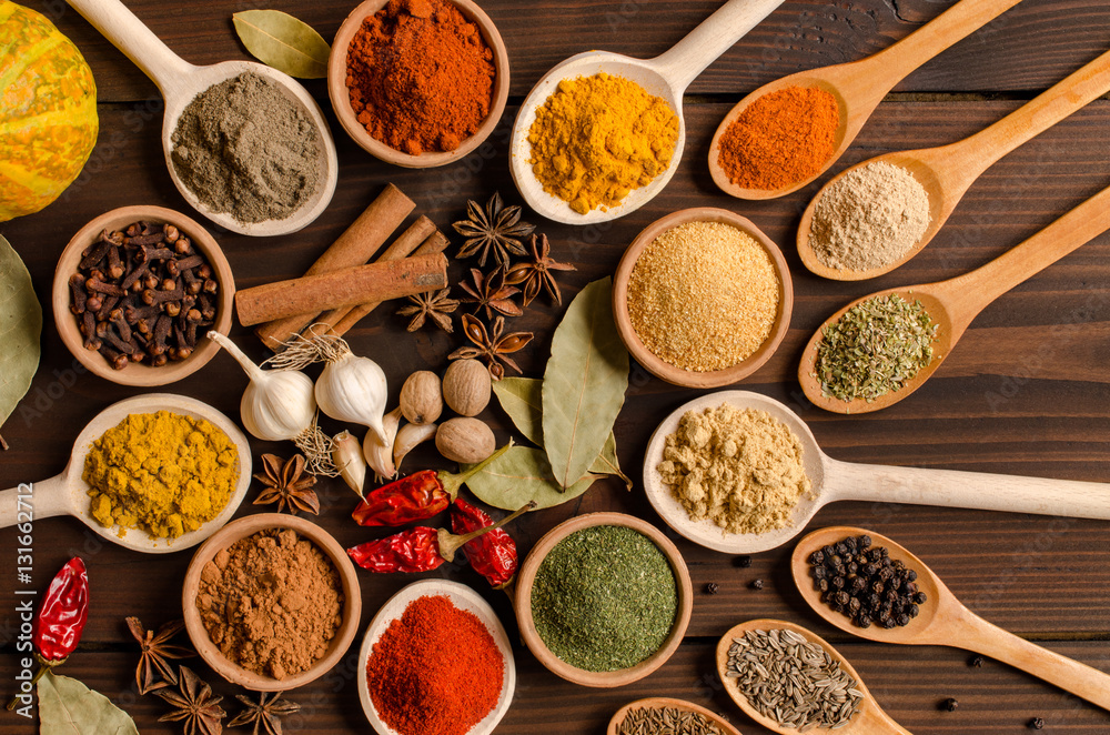 Colorful spices, dried herbs, cuisine, top view