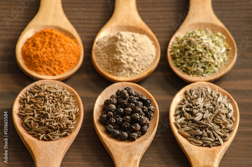 Aromatic spices on wooden spoons