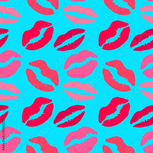 Seamless pattern with lips print. Vector illustration with lips in different shapes, colors. Beauty salon makeup color swatch 