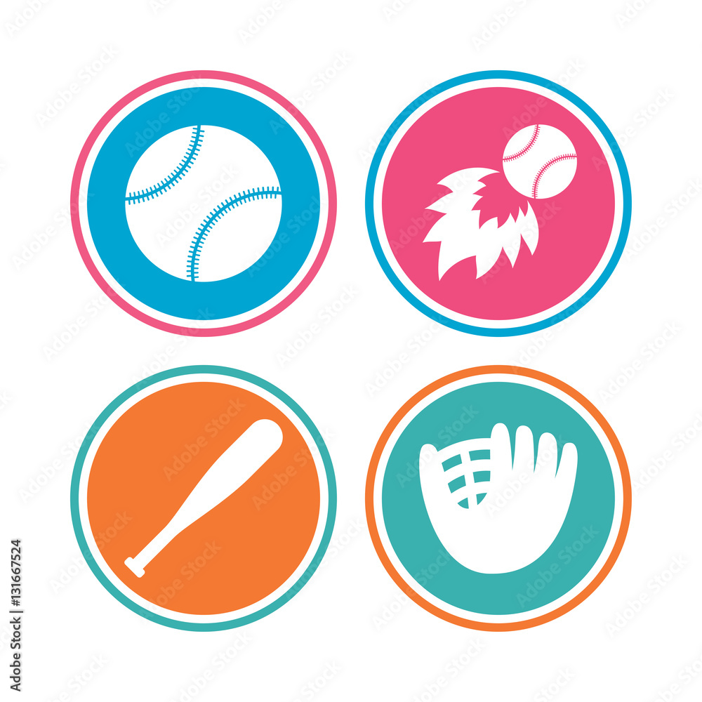 Baseball icons. Ball with glove and bat symbols. Baseball icons. Ball with glove and bat symbols.