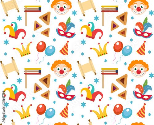 Purim seamless pattern with carnival elements. Happy Purim Jewish festival, carnival, endless background, texture, wallpaper. Vector illustration