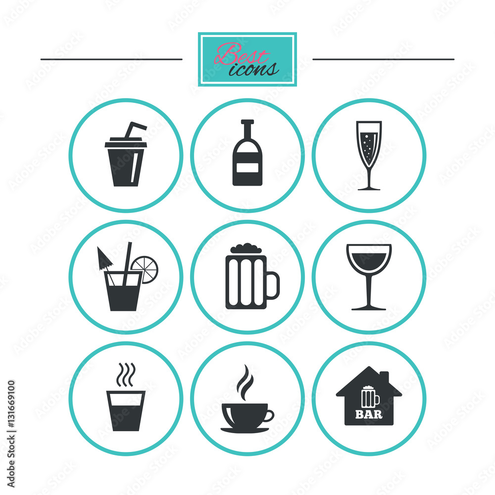 Coffee, tea icons. Alcohol drinks signs. Coffee, tea icons. Alcohol drinks signs.
