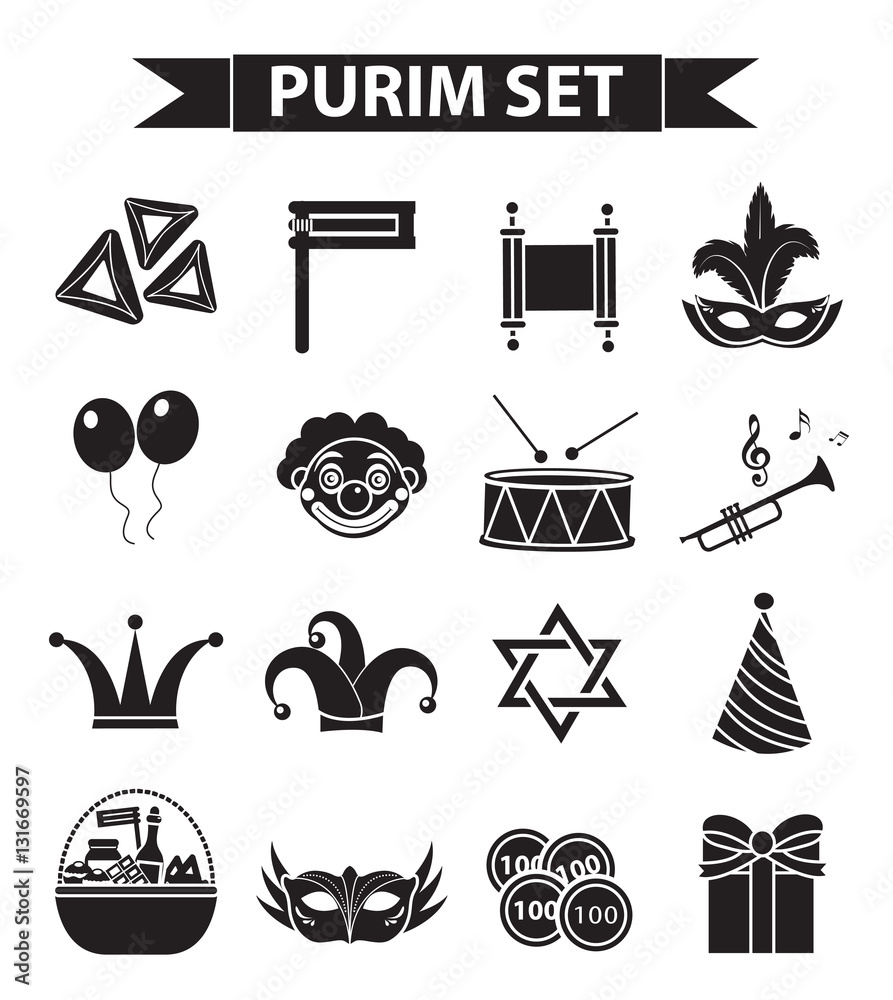 Happy Purim carnival icons set, black silhouette style. Purim Jewish