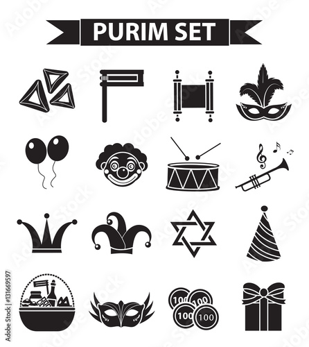 Happy Purim carnival icons set, black silhouette style. Purim Jewish holiday collection signs, symbols, isolated on white background. Vector illustration clip-art