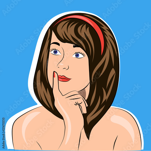 Fotografie brunette girl with red lips and blue eyes thinking