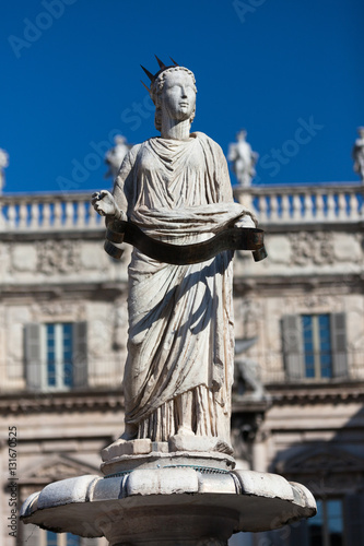 Ancient Statue of Fountain Madonna Verona on Piazza delle Erbe, Italy