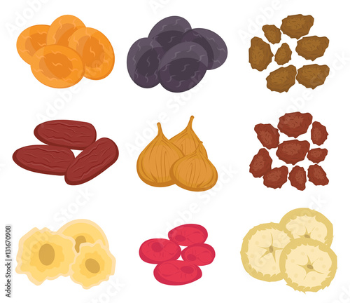 Dried fruits set, flat style. Raisins, dried apricots, prunes isolated on a white background. Vector illustration, clip art