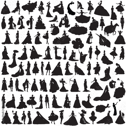 100 Women silhouettes on white background. Bride in different poses and dresses.