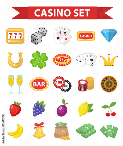 Casino icons, flat style. Gambling set isolated on a white background. Poker, card games, one-armed bandit, roulette collection of design elements. Vector illustration, clip art