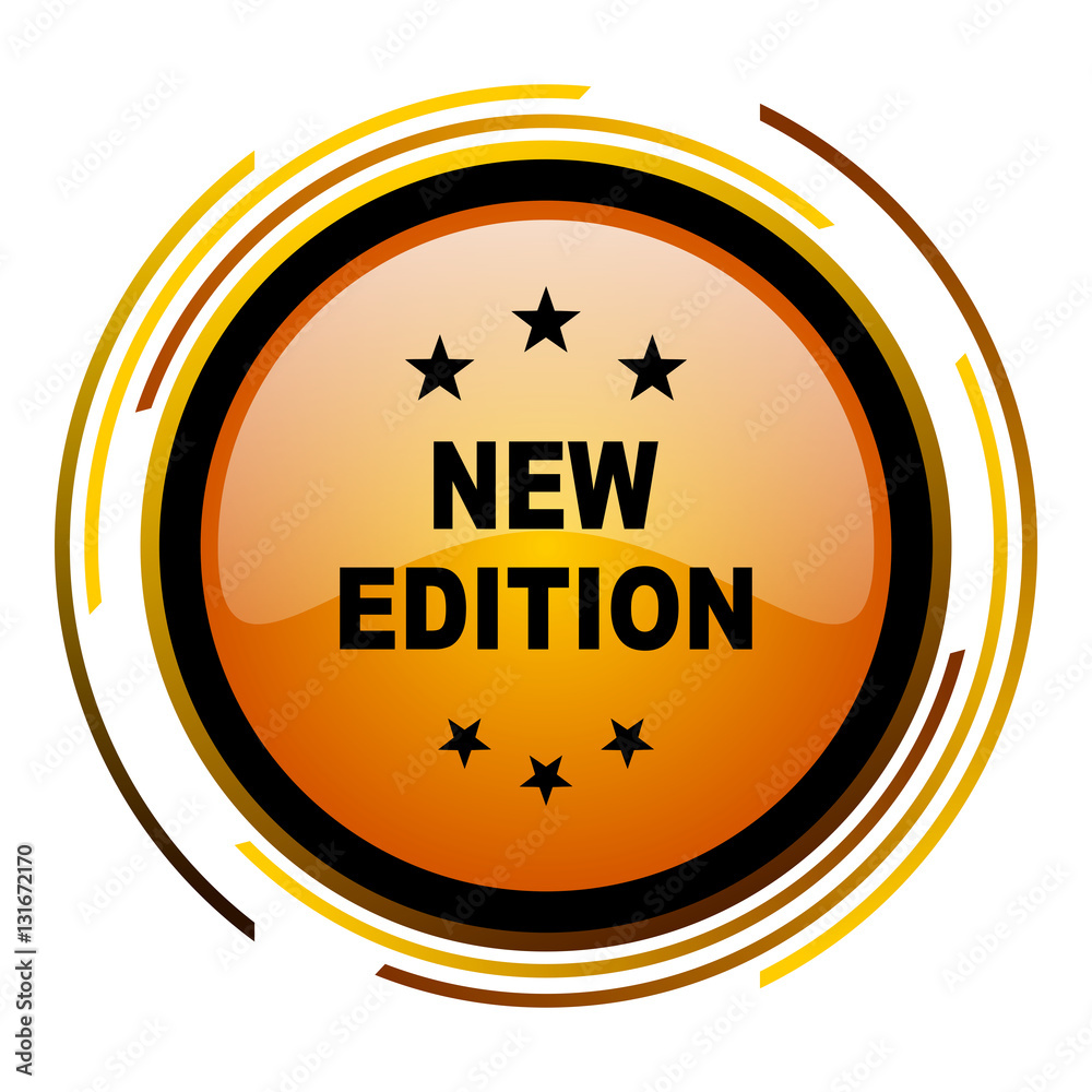 New edition sign vector icon. Modern design round orange button isolated on white square background for web and application designers in eps10. New edition sign vector icon. Modern design round orange button isolated on white square background for web and application designers in eps10.