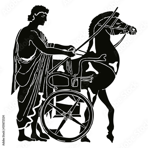 Greek style drawing. Warrior in tunic equips horses. Black pattern isolated on white background.