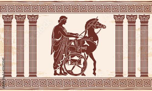 Greek style drawing Pano with national ornament. Warrior in tunic equips horses.