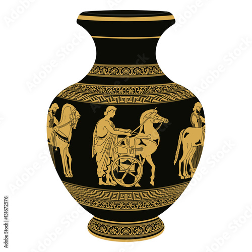 Ancient Greek vase depicting national ornaments and warrior saddling a horse.