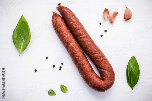 Chorizo sarta smoked sausage with basil leaves ,black pepper ,ga photo