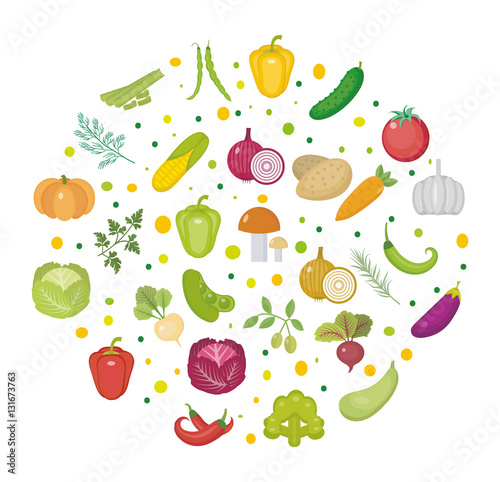 Fototapeta Naklejka Na Ścianę i Meble -  Vegetables icon set in a round shape. Flat style. Isolated on white background. Healthy lifestyle, vegan, vegetarian diet, raw food. Vector illustration 