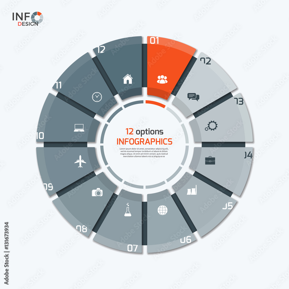 Vector circle chart infographic template with 12 options for presentations, advertising, layouts, annual reports. Vector circle chart infographic template with 12 options for presentations, advertising, layouts, annual reports.