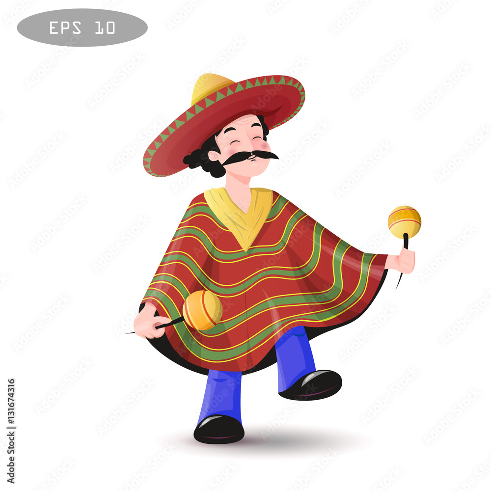 Cartoon Mexican man in a sombrero and poncho. Stock Vector | Adobe Stock