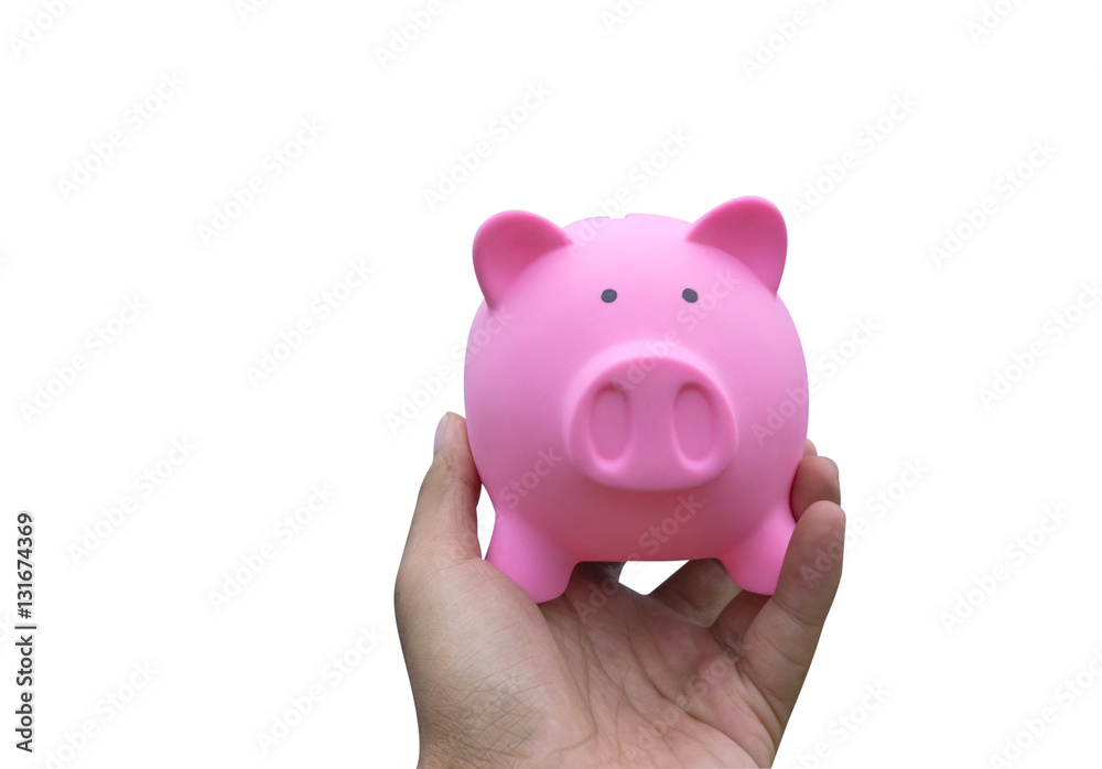 Male hand holding a pink piggy bank isolated on white