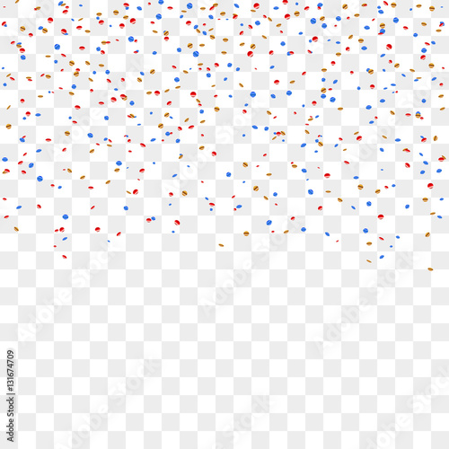 Gold blue red confetti celebration isolated on transparent background. Falling golden abstract decoration party, birthday celebrate, Christmas, New Year. Festival decor. Vector illustration