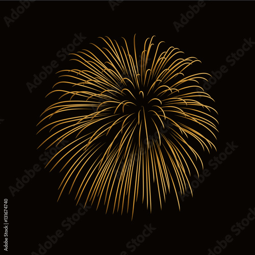 Firework gold isolated. Beautiful golden firework on black background. Bright decoration for Christmas card  Happy New Year celebration  anniversary  festival. Flat design Vector illustration