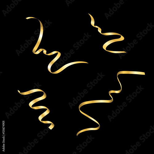 Gold streamers set. Golden serpentine confetti ribbons, isolated on black background. Decoration for party, birthday celebrate, Christmas carnival, New Year gift. Festival decor. Vector illustration