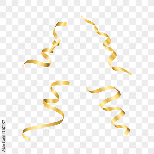 Gold streamers set. Golden serpentine ribbons, isolated on transparent background. Decoration for party, birthday celebrate or Christmas carnival, New Year gift. Festival decor. Vector illustration