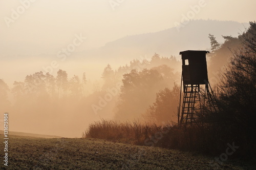Photographie Autumn sunrise atmosphere with hunting high stand in Czech Republic