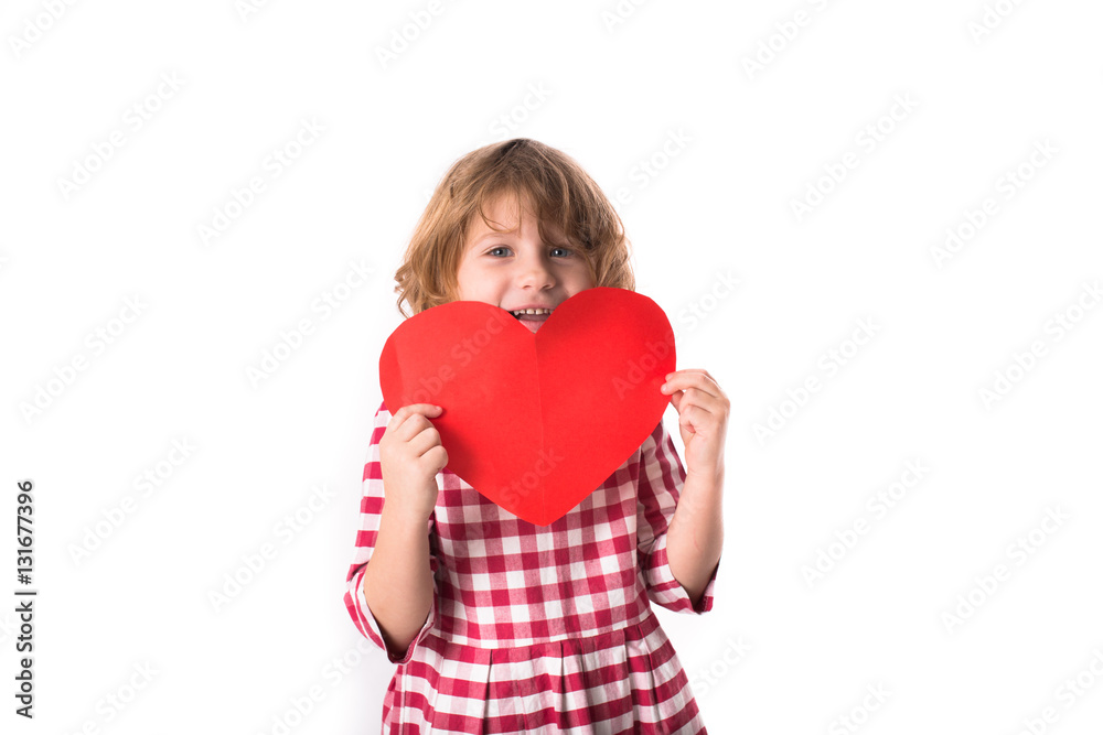 funny Girl child with red paper heart, funny Girl child with red paper heart,