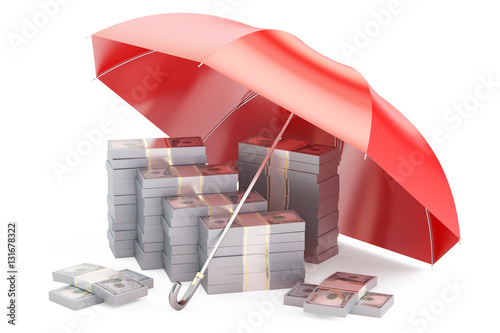 Billede på lærred Packs of dollars with umbrella, financial insurance and business